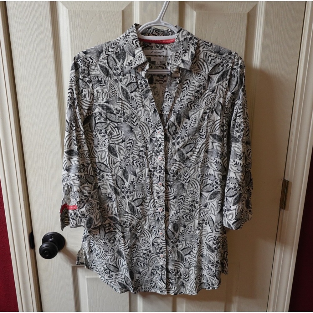 Foxcroft NYC Womens 2 Shaped Wrinkle Free Cotton Leaf Print 3/4 Sleeve Shirt B&W